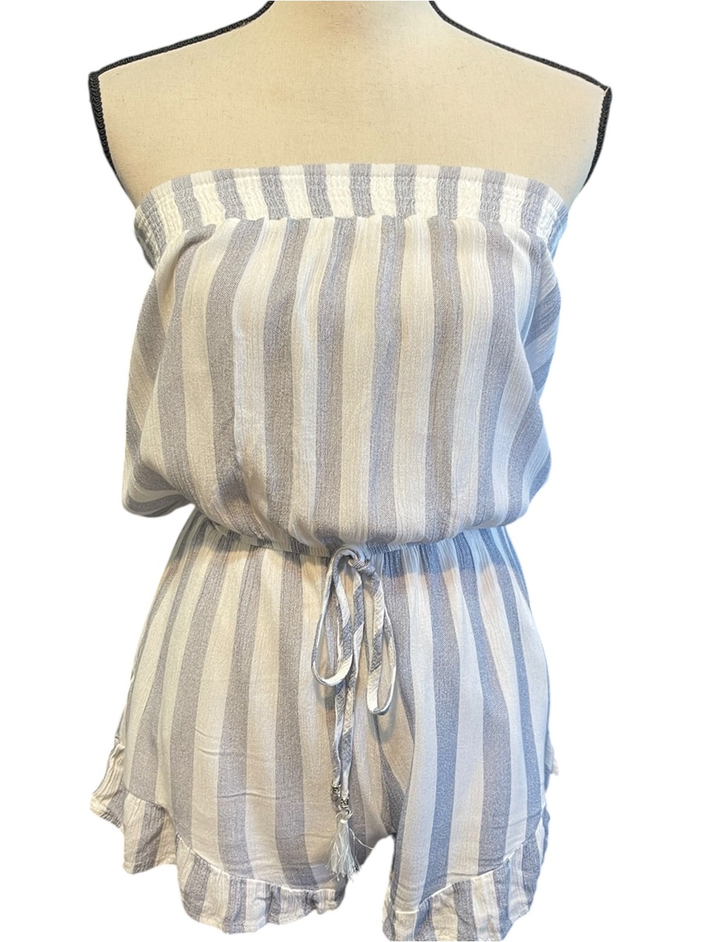 Salty Lemon Blue White Lightweight Strapless Romper Summer Vacation Travel Small